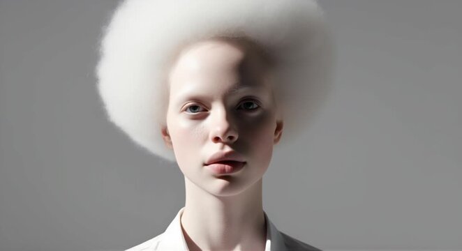 Striking portrait of a young woman with albinism and voluminous white hair, showcasing unique beauty and individuality.