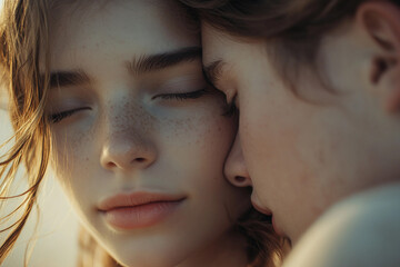 Obraz premium Soulmates bonding in a cozy romantic moment, close up of loving couple, generative ai