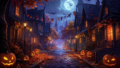 Obraz premium Halloween Night Street Jack-o'-Lanterns, Full Moon, Spooky Town