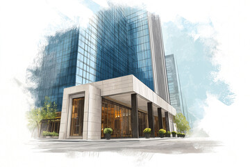 Exterior of bank. Modern building against white background. Watercolor digital art
