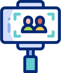 Selfie flat icons set with editable stroke, featuring smartphone, camera, mirror, face, smile, lighting, group photo, influencer, social media, photography illustration