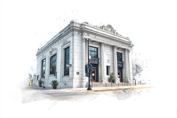 Exterior of bank. Classis building against white background. Watercolor digital art