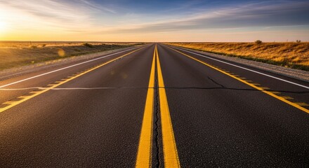 Fototapeta premium Endless Straight Road Disappearing into Horizon at Golden Hour, Symbolizing Journey and Future