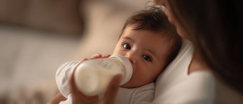 The baby enjoying a bottle-feeding moment with a loving mother.