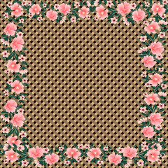  A hand-drawn floral frame design featuring pink flowers around a brown checkered background. Perfect for textile prints, scarf designs, and decorative patterns