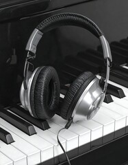 Silver headphones sit on a piano keyboard