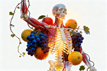 Human skeleton with fruits and vines
