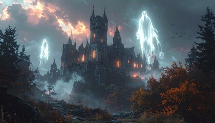 Haunted Castle, Ghosts, Fantasy Landscape, Spooky Gothic Architecture