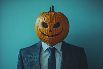 Carved pumpkin hed halloween work concept created with generative AI