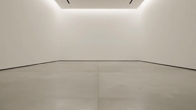 Modern minimalist gallery space with clean white walls and polished concrete floor, ready for dynamic art installations and exhibitions