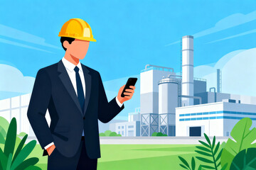 Man in suit with hard hat and phone