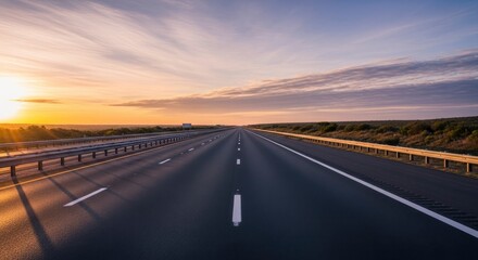 Fototapeta premium Empty Highway at Golden Sunset Leading to the Horizon, Representing Future Journey and Progress
