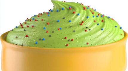 Close-up of green frosting with colorful sprinkles in an orange bowl.