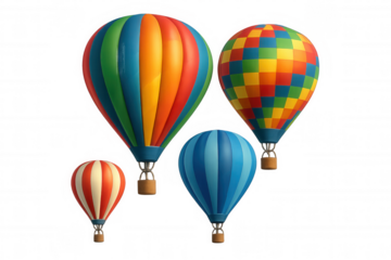 Group of colorful hot air balloons flying and exploring adventure, journey, and freedom, transparent background