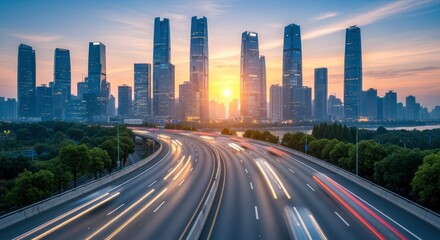 Obraz premium Dynamic City Skyline and Urban Highway with Traffic Light Trails at Sunset