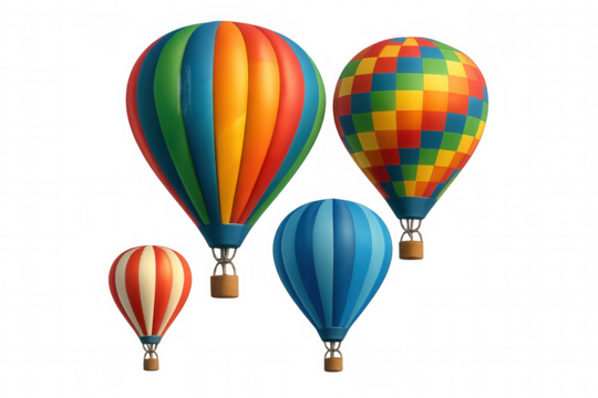 Group of colorful hot air balloons flying and exploring adventure, journey, and freedom, transparent background