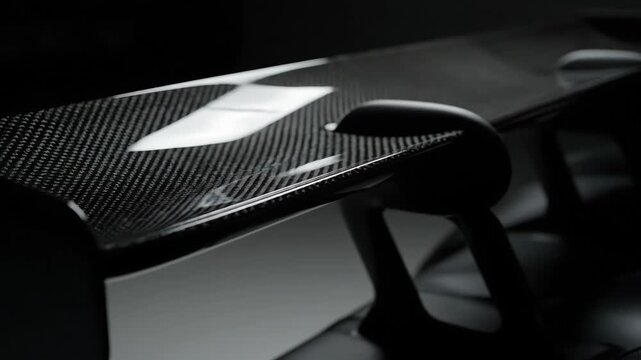 Close up view of vehicle carbon fiber spoiler. Car body part in showroom, performance and racing motorsport concept. Footage.