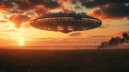 Naklejka premium Large ufo spaceship flying over empty field at sunset with bright lights in orange cloudy sky