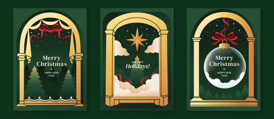 Naklejka na ściany i meble Christmas greeting card vector with golden arch frame, holiday decoration, ribbon, star, bauble, fir tree and festive background illustration