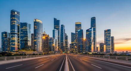 Obraz premium Modern City Skyline with Empty Highway Leading to Urban Business District