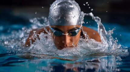A woman swims in a pool wearing goggles and a swim cap