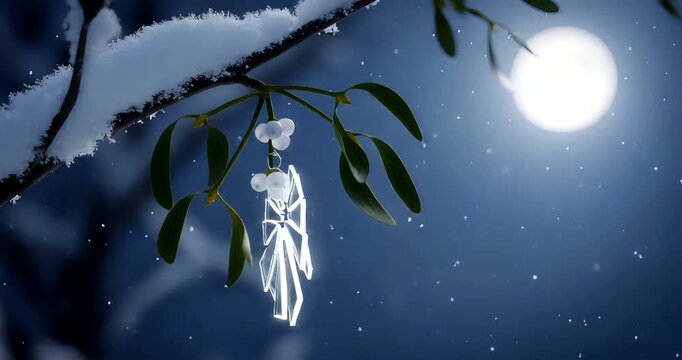 Glowing ornament hanging from mistletoe branch under a full moon