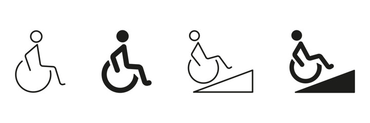 Wheelchair Accessibility And Mobility Icon Set. Disability Access And Inclusivity Symbol Collection. Promoting Barrier-Free Environments And Equal Opportunities. Isolated Vector Illustration