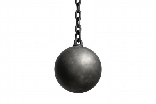 Wrecking ball swinging on a chain, demolition and destruction concept, isolated heavy weight on transparent background