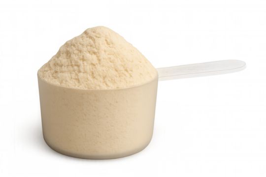 Protein powder scoop with creamy vanilla flavor for fitness, sports nutrition, and bodybuilding goals