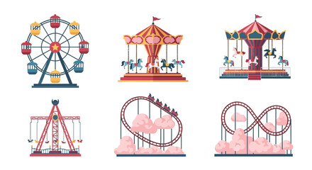 Set of Colorful Amusement Park and Carnival Ride Illustrations.