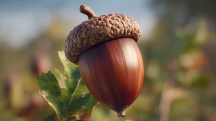 Close-Up of a Single Acorn Hanging from a Green Oak Leaf