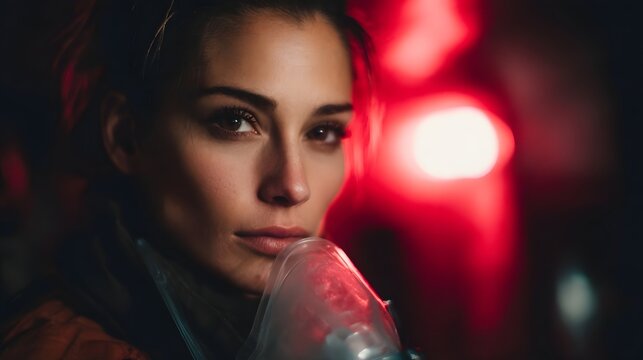 Woman holding oxygen mask in an ambulance amid emergency lights - Powered by Adobe