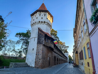 Sibiu, Romania. Medieval Carpenters Tower in downtown of the largest saxon city of Transylvania.