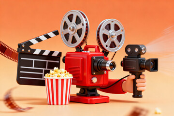 Film equipment and popcorn on orange background