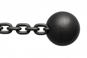 Heavy iron ball and chain creating a visual metaphor for burden, restriction, and punishment with transparent background