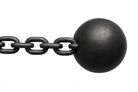 Heavy iron ball and chain creating a visual metaphor for burden, restriction, and punishment with transparent background