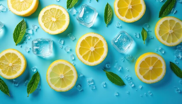 Lemon slices, ice cubes on blue background. Mint leaves scattered around. Refreshing summer drink ingredients. Sliced lemons, ice cubes for cold beverage. Citrus fruit, mint for healthy hydration.