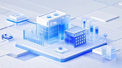 A 3D commercial building with blue gradient, industrial design icon, with transparent frosted glass texture, representing urban planning.