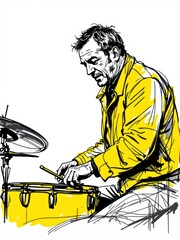 Dynamic ink sketch illustration of a man playing a full drum set with energy, isolated on white background.