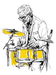Dynamic ink sketch illustration of a man playing a full drum set with energy, isolated on white background.