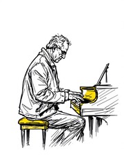 Dynamic sketch illustration of a mature man passionately playing a grand piano, isolated on white background.