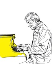 Dynamic sketch illustration of a mature man passionately playing a grand piano, isolated on white background.
