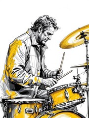 Dynamic ink sketch illustration of a man playing a full drum set with energy, isolated on white background.