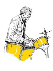 Dynamic ink sketch illustration of a man playing a full drum set with energy, isolated on white background.