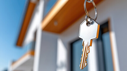 Golden house-shaped key hanging on a silver keyring, representing new home ownership, real estate investment, safety, and the opportunity of a new beginning, with a soft background