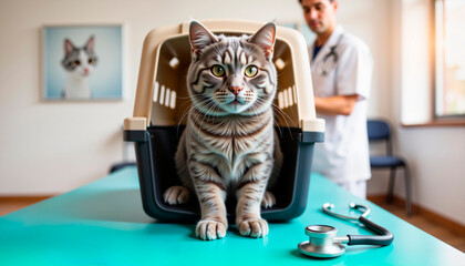Cat sitting in a pet carrier at veterinary clinic examination table  