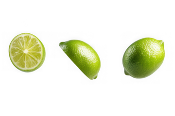 Three green lime fruits one sliced showing segments and pulp isolated on a transparent background citrus