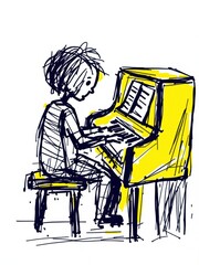 Simple childlike ink sketch of a person playing a yellow upright piano, isolated on white background.
