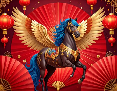 Chinese New Year Horse Pegasus, Red Fan, Festive Decoration