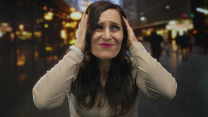 Fototapeta premium Woman outdoors at night on street looking stressed with hands on head surrounded by urban lights and blurred background conveying emotion and city life scenario